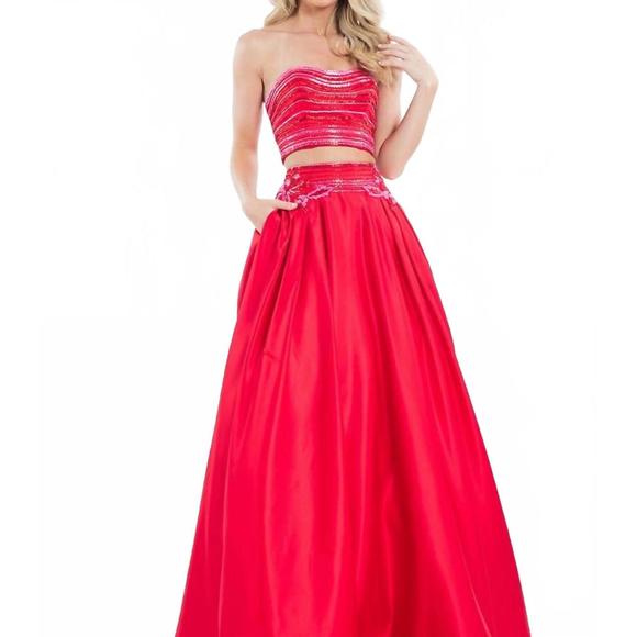 NEW RACHEL ALLAN two-piece matte satin beaded prom gown in red NEW RACHEL ALLAN two-piece matte satin beaded prom gown in red